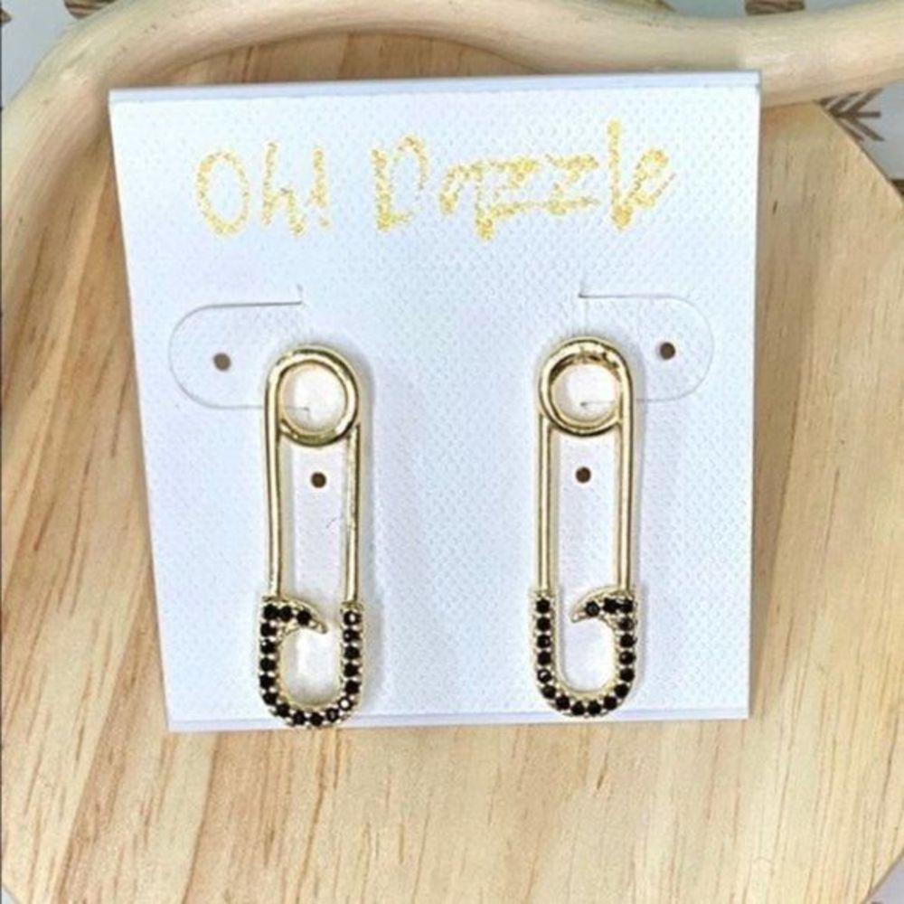 Gold Filled Color CZ Safety Pin Earrings - Picture 3 of 4